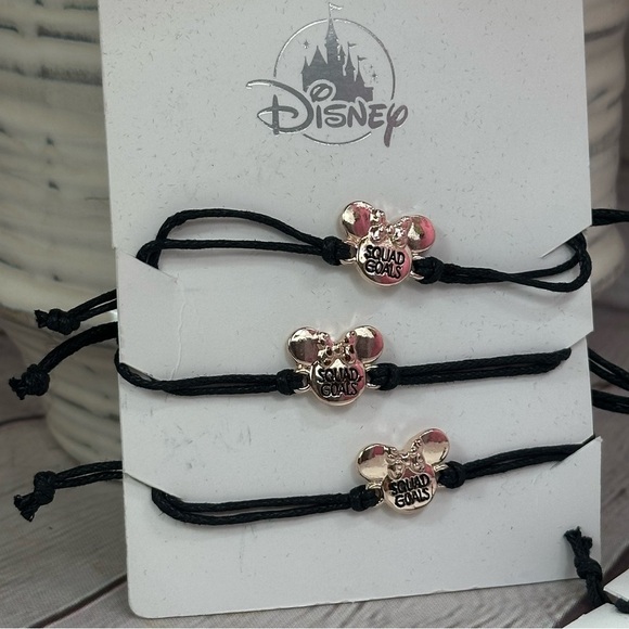 NWT Disney Black cord Bracelets rose gold colored minnie Charm "squad goals" 4pc - Picture 2 of 4